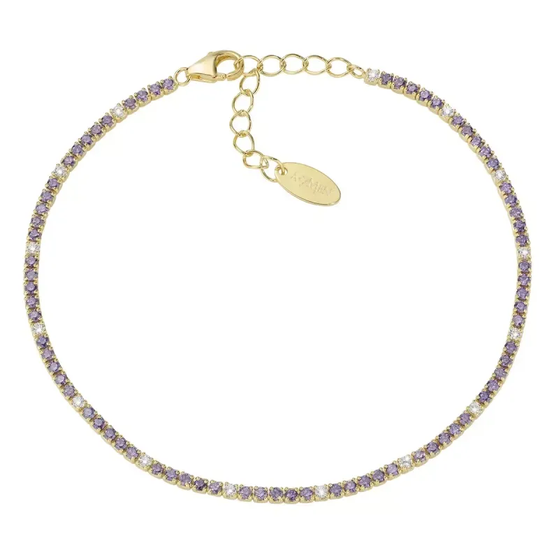 BRACCIALE TENNISMANIA DORATO ZIRCONI VIOLA E BIANCHI DONNA AMEN